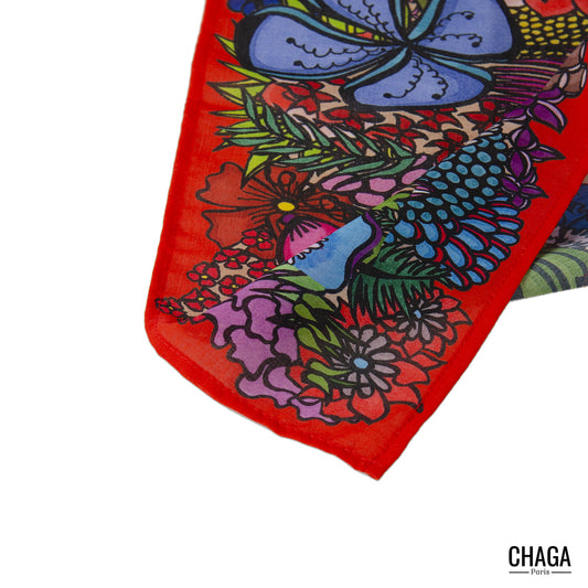 Foulard en voile léger 47 X 47 CHAGA Paris - Motif Ecureuil rouge