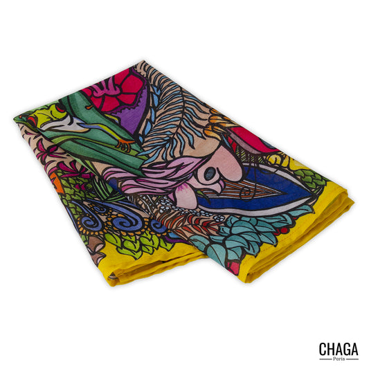 Foulard en voile léger 47 X 47 CHAGA Paris - Motif Grenouille jaune