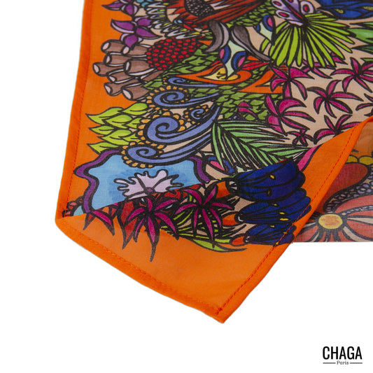 Foulard en voile léger 47 X 47 CHAGA Paris - Motif Grenouille orange