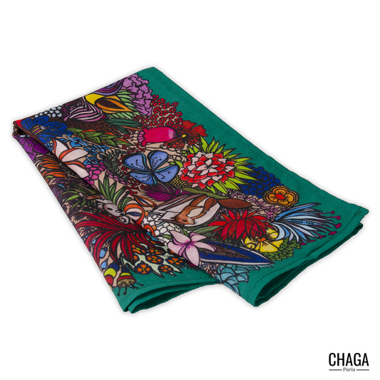 Foulard en voile léger 47 X 47 CHAGA Paris - Motif Jungle vert original