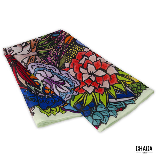 Foulard en voile léger 47 X 47 CHAGA Paris - Motif Koala vert d'eau