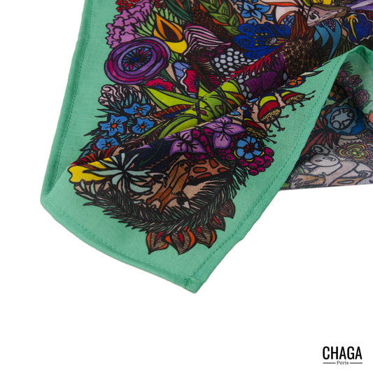 Foulard en voile léger 47 X 47 CHAGA Paris - Motif Jungle vert clair