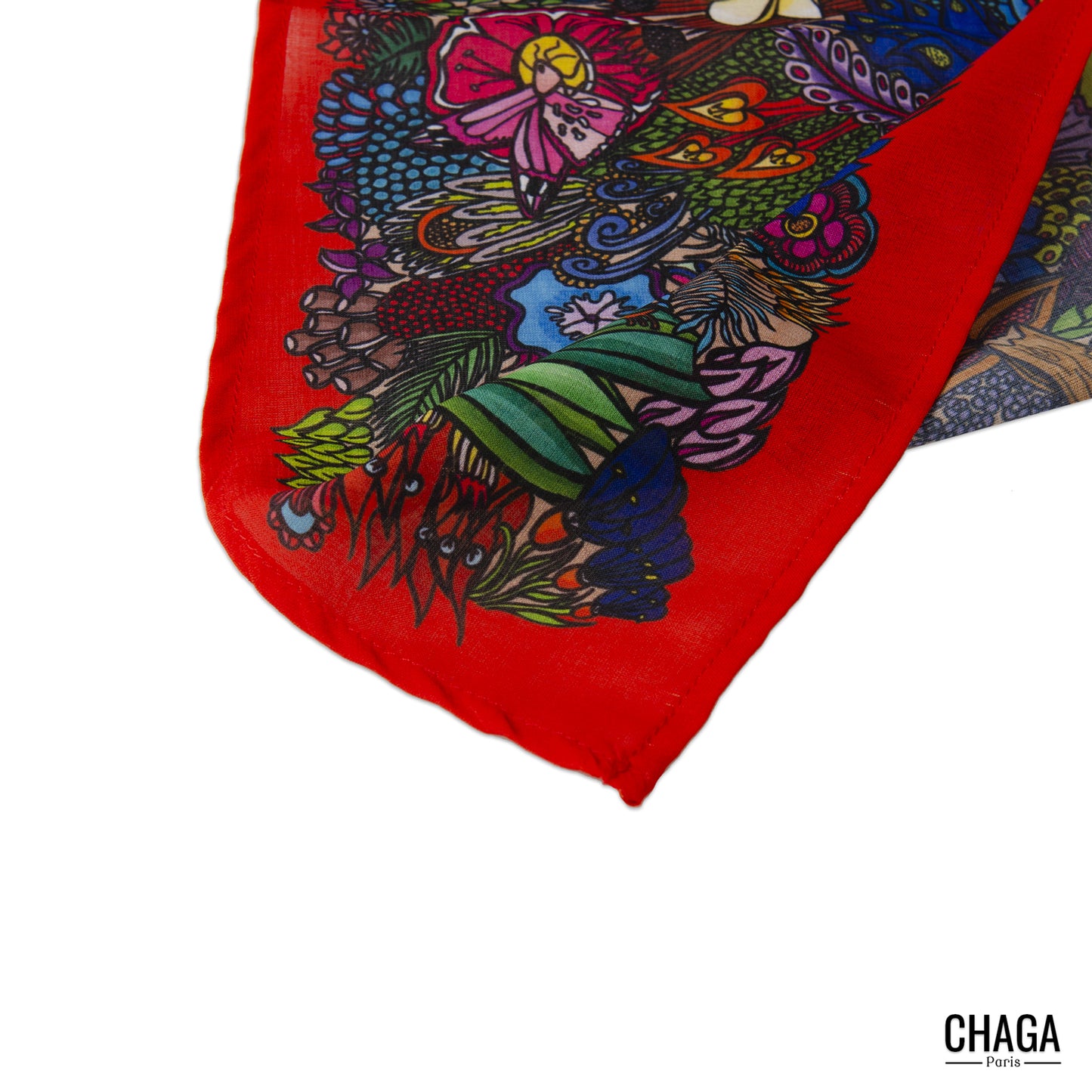 Foulard en voile léger 145 X 145 CHAGA Paris - Motif Jungle rouge