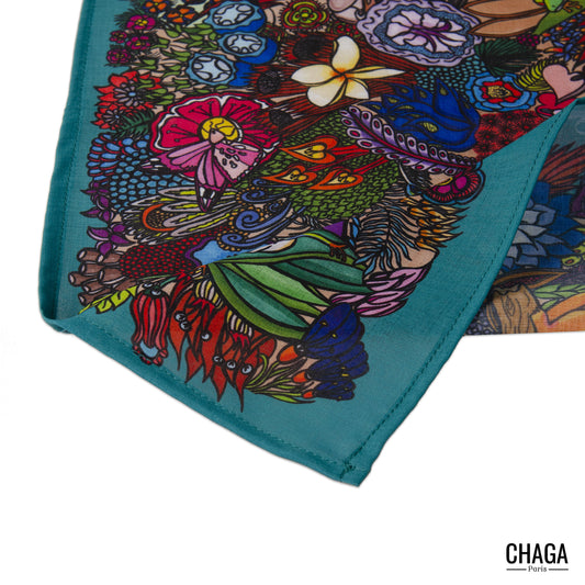 Foulard en voile léger 145 X 145 CHAGA Paris - Motif Jungle vert original
