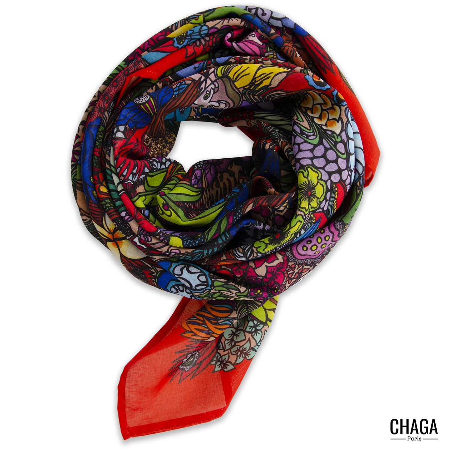 Foulard en voile léger 145 X 145 CHAGA Paris - Motif Jungle rouge