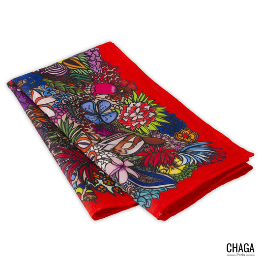 Foulard en voile léger 47 X 47 CHAGA Paris - Motif Jungle rouge