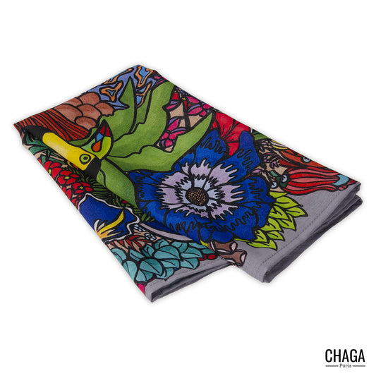 Foulard en voile léger 47 X 47 CHAGA Paris - Motif Toucan gris