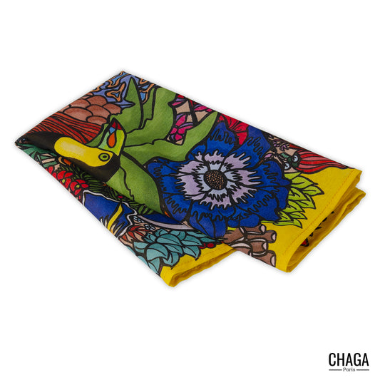 Foulard en voile léger 47 X 47 CHAGA Paris - Motif Toucan jaune