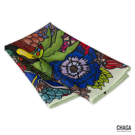 Foulard en voile léger 47 X 47 CHAGA Paris - Motif Toucan vert d'eau