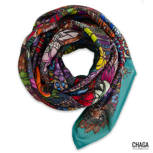 Foulard en voile léger 145 X 145 CHAGA Paris - Motif Jungle vert original